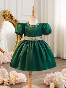 SHEIN Baby Girls' Emerald Green Summer Elegant Formal Wedding Dress,Vintage Golden Embroidered Puff Sleeve A-Line Ruffle Collar Sweet Cute Party Outfits - Dark Green - View 9