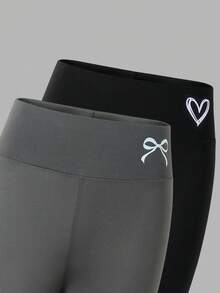 2pcs/Set Girls' Leggings, Minimalist Black & Dark Grey Combo With Bow & Heart Print, Comfortable Long Pants, Suitable For Tween Girls - Black - View 3