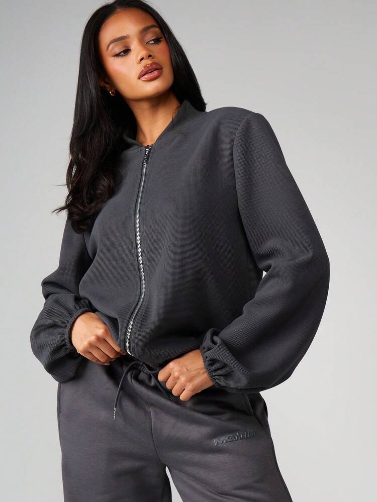 MISSGUIDED Oversized Full Zip Waffle Knit Sweatshirt With Stand Collar And Balloon Sleeves For Women Casual Winter