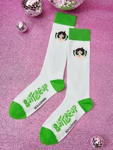 THE POWERPUFF GIRLS X SHEIN 1 par de calcetines azules para mujer con gráficos de dibujos animados y letras - Multicolor - Ver 4