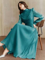 Anewsta New Elegant Ruched Collar Long Sleeve Dress For Women, Suitable For Fall, Winter, Spring, New Year, Party, Wedding, Elegant, Chic, Stylish, Christmas, Going Out