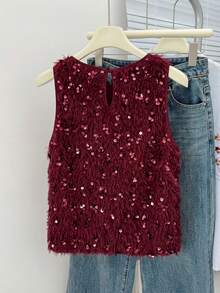 SHEIN Frenchy 女士纯色亮片设计毛绒圆领无袖时尚衬衫 - 酒紅色 - 查看 2