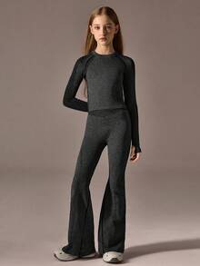 2pcs Set: Regular T-Shirt + Regular Flare Pants + Solid/Black + Sports T-Shirt + Sports Flare Pants + Activewear - Black - View 1