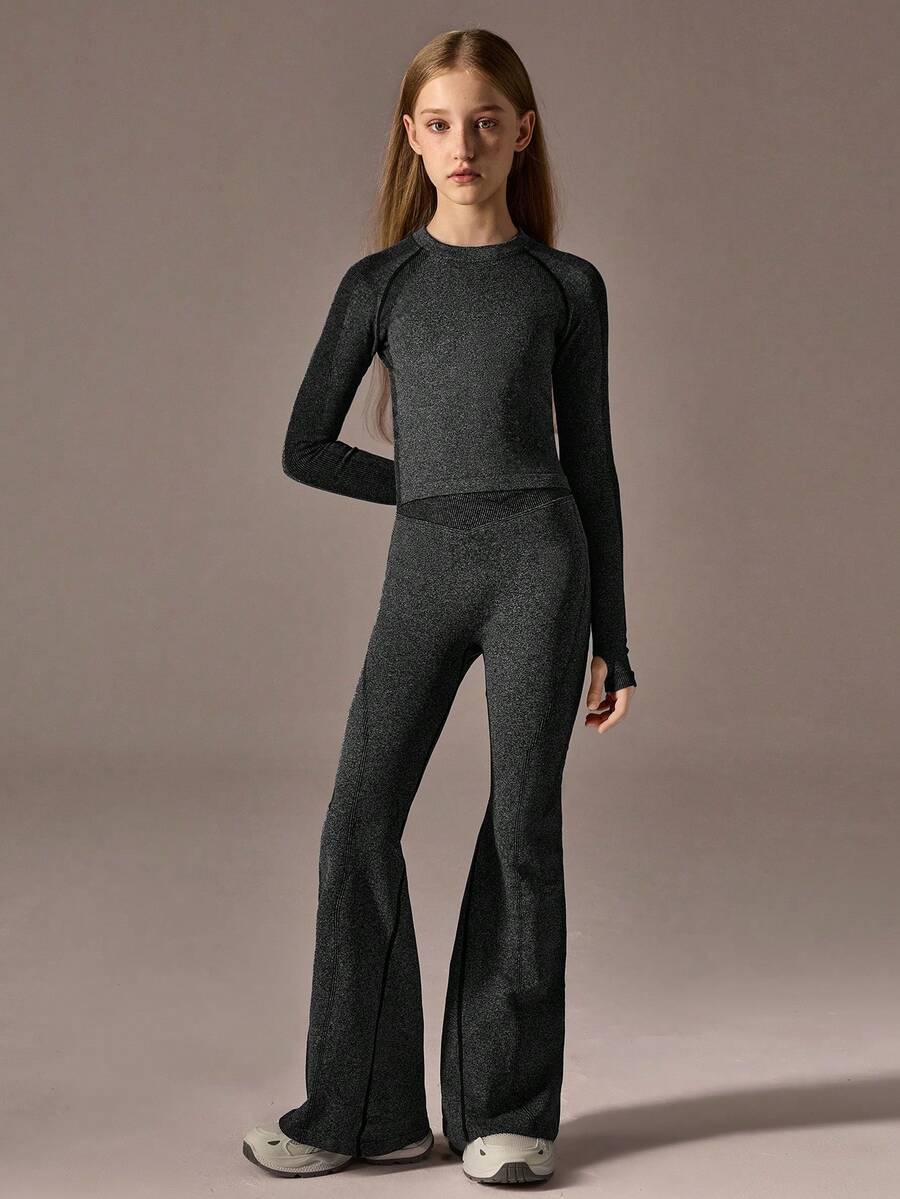 2pcs Set: Regular T-Shirt + Regular Flare Pants + Solid/Black + Sports T-Shirt + Sports Flare Pants + Activewear - Black - View 1