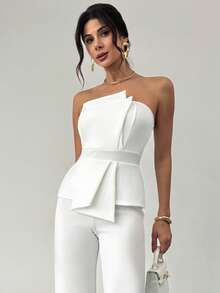 Firerie 女士优雅、精致、简约、端庄、浪漫、时尚、通勤友好、现代、喜庆、婚礼宾客、情人节、约会之夜不对称无肩带高腰白色连体裤 - 白色 - 查看 4
