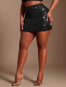 SHEIN SXY 大码女式纯色基础款黑色亮银色波点性感休闲迷你紧身裙（含打底裤），秋季女装，适合宴会、盛宴、晚宴、舞会、都市、性感职场女郎、邮轮、复古、节日、音乐会、嘉年华、郊游、层次丰富的场合、假日、约会之夜、聚会、生日、单身派对、鸡尾酒会、正式活动、端庄、时尚、夜店、可爱、休闲、外出，凸显身材，修饰身形，打造迷人曲线 - 黑色 - 查看 4