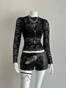 EgrlEra Women's Fashionable Black Sexy Lace Blouse - Black - View 3
