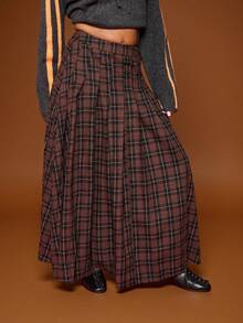 COUREZ Maxi Fold Pleated Skirt In Check /Y2K  Spring For Women Party For Women Going Out Sexy Skirt Elegant Skirt Brown Long Skirts For Women Festivals - Brown - View 2