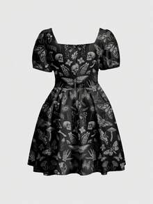 ROMWE Goth Vestido de corte bajo estilo gótico punk de talla grande - Negro - Ver 2