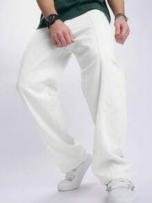 Manfinity Homme 男士直筒宽松休闲牛仔裤，带口袋，白色宽松直筒休闲裤 - 白色 - 查看 5