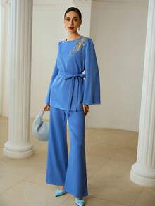 ZEYLAH 女士优雅宴会水钻仿珍珠装饰网纱喇叭袖上衣配腰带和喇叭裤两件套 - 藍色 - 查看 6