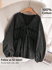 CosyJoli 大码女式休闲系带灯笼袖水洗衬衫 - 黑色 - 查看 3