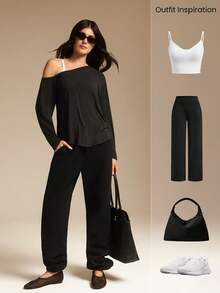 GLOWMODE Top activo asimétrico de manga larga con hombros descubiertos, suave y sedoso, de TENCEL™ Modal, para yoga de bajo impacto, pilates, gimnasio, estudio y uso diario casual - Negro - Ver 5