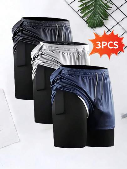 3 Piezas Pantalones cortos deportivos de camuflaje para hombre, 2 en 1, de secado rápido, para entrenamiento, gimnasio, Fitness, Jogging, Verano