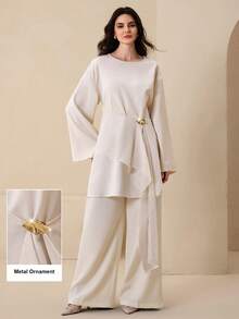 Graceveil Áo sơ mi nữ dài tay thiết kế bất đối xứng khóa kim loại viền bèo nhún - Màu be - Xem 11