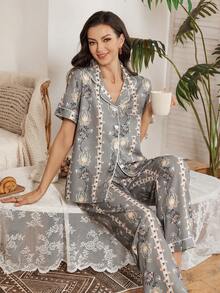 Serenescape Floral Print Button Front Pocket Short Sleeve Pajama Set For Women Lounge Sets For Women Floral Print Pajama Set Pajama Sets For Women - Multicolor - View 1