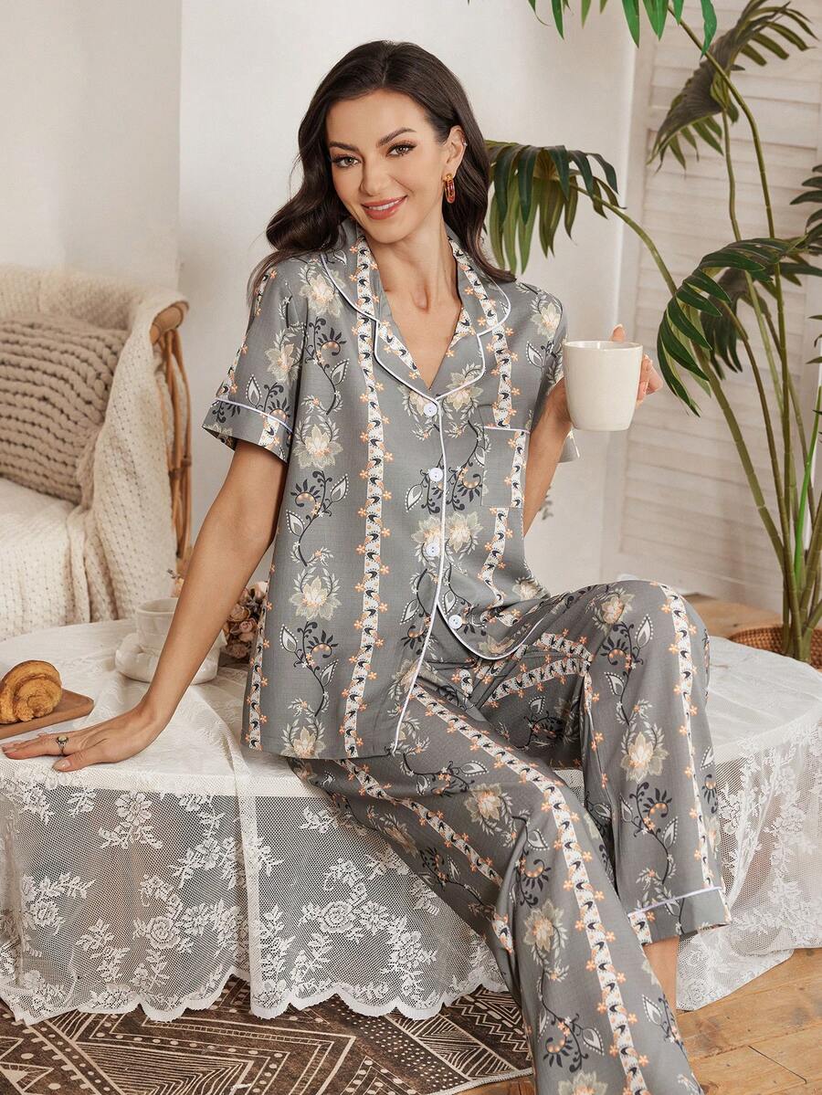 Serenescape Floral Print Button Front Pocket Short Sleeve Pajama Set For Women Lounge Sets For Women Floral Print Pajama Set Pajama Sets For Women - Multicolor - View 1