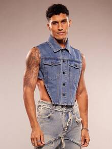 FeverCity 男士时尚性感不对称下摆无袖牛仔上衣，夏季 - 中等水洗藍 - 查看 4