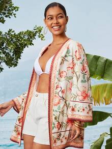 Travachic Women's Floral Print Long Sleeve Loose Casual Kimono Shirt - Pink - View 1