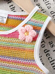 SHEIN Vintaside Kids 2件套女婴花卉彩虹条纹针织无袖上衣，带波点荷叶边 + 舒适阔腿短裤，夏季 - 黃色 - 查看 5
