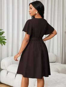 Lunelith SHEIN Lunessa Women's Solid Color V-Neck Elegant Ruffle Sleeve Waist Cinched Mini Dress, Suitable For Party And Vacation - Coffee Brown - View 2
