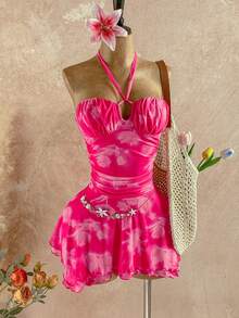 Soleia 度假弹力网眼橙色扎染花卉印花露背镂空褶饰不对称下摆浪漫露背复古迷你连衣裙 - 彩色 - 查看 3