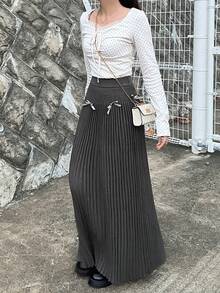 FRIFUL Women's A-Line Waist Bow Tie Knitted Patchwork Skirt - Grey - View 3