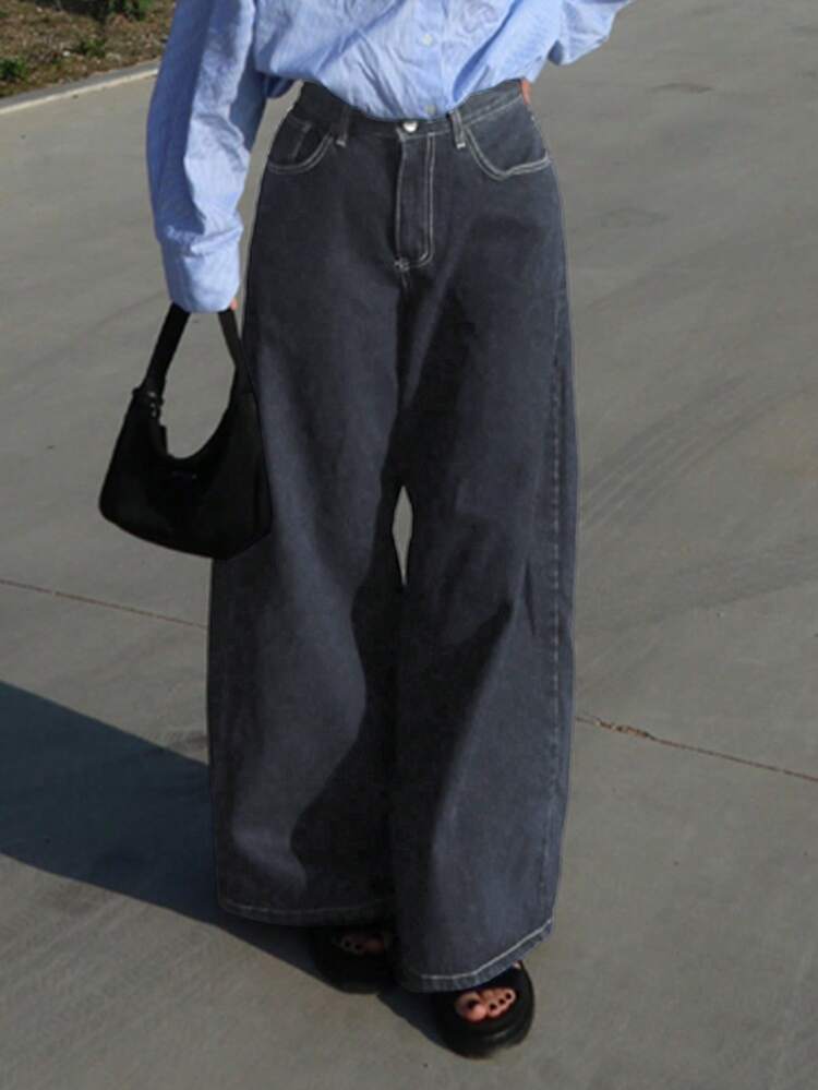Women's Solid Color Loose Wide Leg Long Denim Jeans Y2k