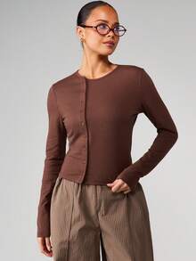 MISSGUIDED Áo dài tay cổ tròn dáng ôm, cài cúc bất đối xứng, màu nâu cổ điển, thời trang thu đông. - Cà phê nâu - Xem 5
