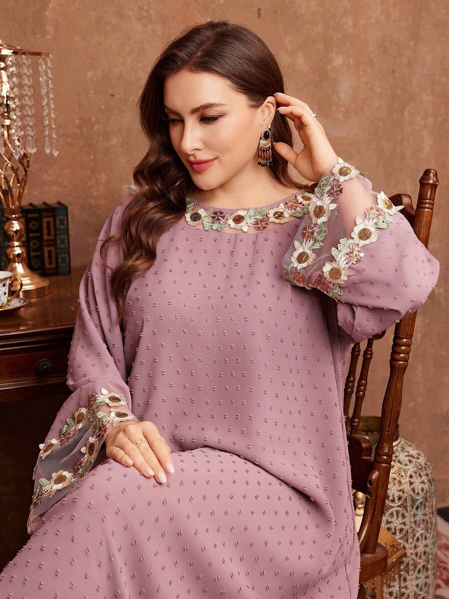 Al Najma Casual Floral Lace Trim Long Sleeve Plus Size Women's Turkish Tunic & Arabic Traditional Abaya, Suitable For All Occasions In Spring And Autumn Kaftan Jalabiya Dress - Dusty Pink - View 1
