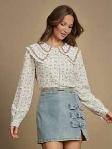 WESTFADE Floral Bow Stripe Double Layer Ruffle Peter Pan Collar Button Front Long Sleeve Blouse Top - Pink - View 6