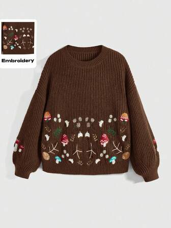 Fairycore Pull ample femme à col rond, manches longues, épaules tombantes, avec broderie de champignons et de plantes, style décontracté