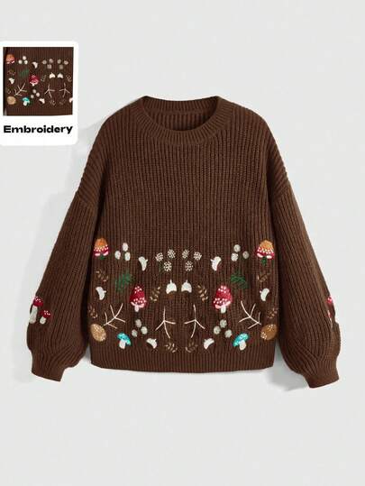 Fairycore Damen Große Größen Pilz & Pflanzen Stickerei Rundhals Dropped Shoulder Langarm Lässig Pullover Sweater