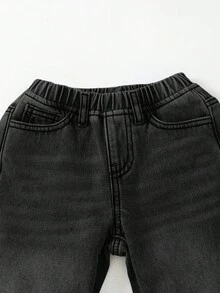 SHEIN Young Boys Loose Fit Blue Denim Thermal Lined Pants, Autumn/Winter - Black - View 7