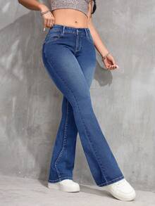 Flirla Plus Size Women Retro Casual Elastic Fitted Flare Jeans, Versatile Cowgirl Rodeo Everyday Navy Blue Winter - Medium Wash - View 5