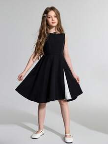 Maija Kids Maija Kids 少女黑色撞色蕾丝无袖优雅连衣裙 - 黑與白 - 查看 1