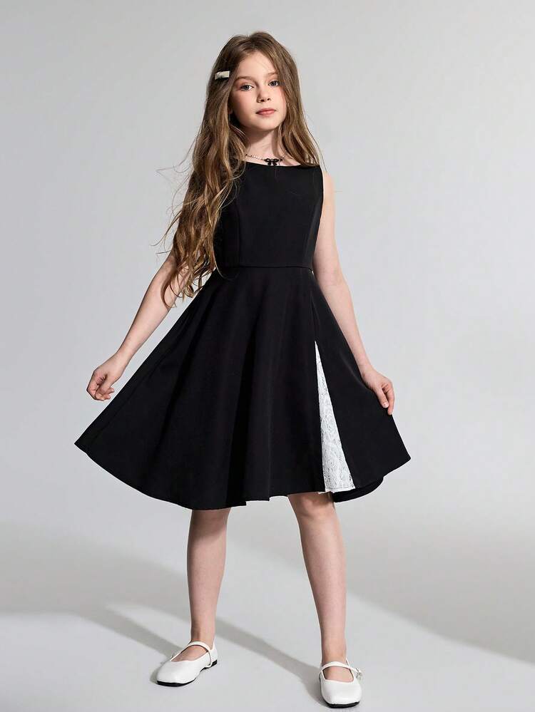 Tween Girl Woven Black Contrast Lace Contrast Color Sleeveless Elegant Dress