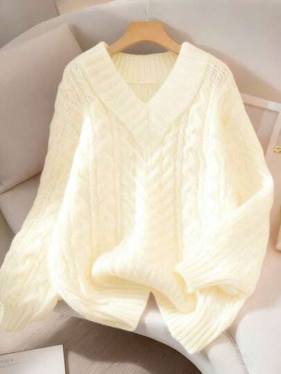 GlowEve CURVE 女士优雅纯色麻花针织宽松长袖加大码毛衣，适合外穿，秋冬季