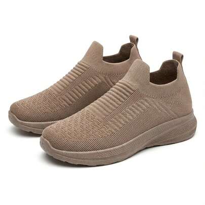 Mujer Zapatillas Deportivas Slip On De Tejido De Punto Transpirable Tipo Calcetín Suela Gruesa Caqui