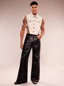 FeverCity Men's Fashionable Sexy Asymmetric Hem Sleeveless Denim Top, Summer - Light Grey - View 5