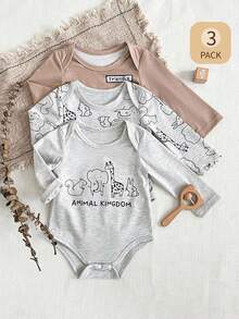 SHEIN 3件套男婴秋季新款柔软舒适面料可爱动物印花长袖连体衣套装 - 彩色 - 查看 9