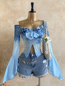 Soleia 度假针织网眼豹纹花卉印花喇叭袖露肩开衩女式上衣 - 彩色 - 查看 1