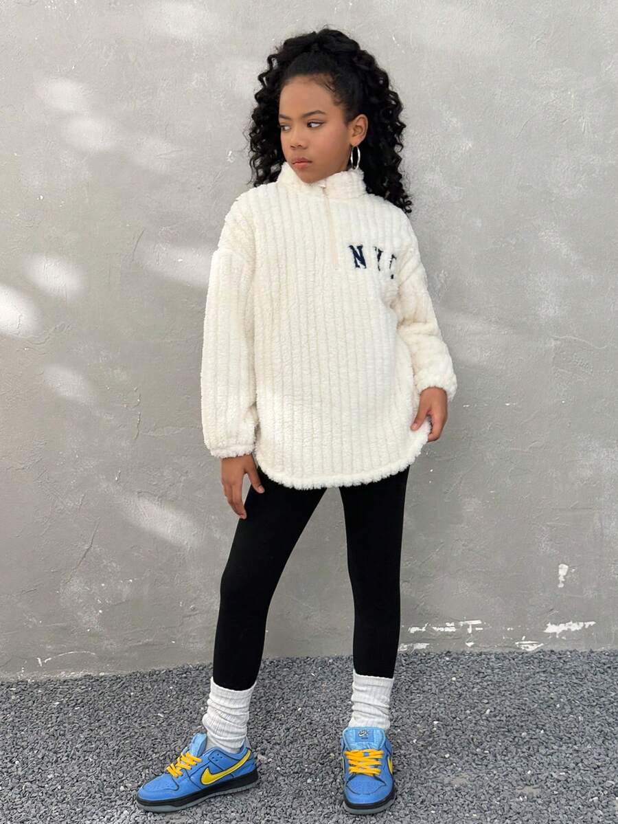 Coolane Kids Tween Girl Fall/Winter,Streetwear Daily Wear	Essentials,2pcs/Set Women Letter Print Zip-Up Fleece Sweatshirt And Pants, Suitable ,Christmas,New Year ,Thanksgiving - Multicolor - View 1