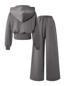 SHEIN Sparklyn 2件套女童白色碎花灰色腰部抓绒卫衣和宽松运动裤休闲运动套装，秋冬季 - 深灰色 - 查看 2