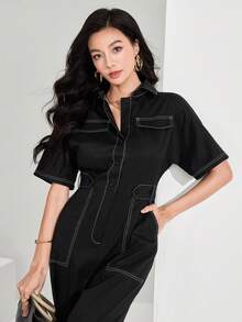Heiryn 2026 Women's Short Sleeve Casual Jumpsuit With Lapel And Wide Leg, Spring/Summer - Black - View 5