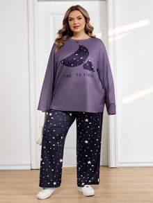 SHEIN CURVE+ 大码女式草莓爱心印花落肩长袖上衣和裤子睡衣套装，情人节休闲装 - 彩色 - 查看 6