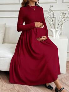 SHEIN 孕妇纯色圆领长袖褶皱休闲连衣裙 - 紅色 - 查看 6