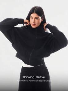 GLOWMODE Everyday Fleece Warmth Whisperer Soft Warm Lightweight Front Back Seam Detailing Pockets Batwing Sleeve High Neckline Full-Zip Jacket Autumn Winter Daily Casual - Black - View 3