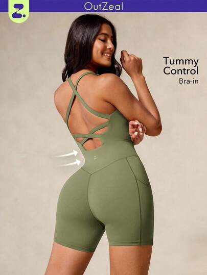OutZeal Women Sports Jumpsuit Cycling Gym Outfit Summer Tummy Control Sweat Wicking Bra-In Backless Design