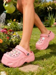 Sandalias con suela gruesa y huecas,  2026 Calzado de mujer para primavera/verano, Sueco mujer, EVA, plataforma, correa abatible, charms, suela ligera,Sandalia mujer Eva Suave Punta Redonda Sin Cordones Plataforma Decoración Personalizada Estilo Casual Para Playa/Casa Zuecos,Sandalias con suela gruesa y huecas, de moda para fiestas de jardín, casual y lindo, diseño de dibujos animados en EVA, para playa y exterior - Rosa - Ver 6